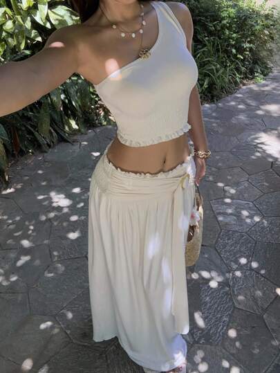 Sunnyshic 2 件套单肩短款上衣和中长裙套装