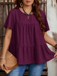 EMERY ROSE 加大码女式纯色圆领荷叶边短袖宽松衬衫，波西米亚风夏季，西部女装，度假