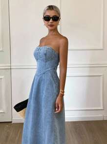 Livesso 女士休闲度假露肩长款牛仔连衣裙 - 藍色 - 查看 4