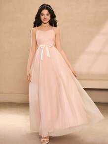 优雅的青少年花童礼服，四季婚礼派对礼服，虾粉色刺绣网眼吊带裙，适合青少年女孩，婚礼季节女孩奢华时尚薄纱蓬松公主裙 - 粉色 - 查看 4