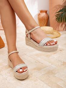 Styleloop Women's Woven Rope Platform Wedge Sandals, Vacation Style BOHO Chic Retro American Western Music Festival Party Outfit Valentine's Day - Apricot - View 2