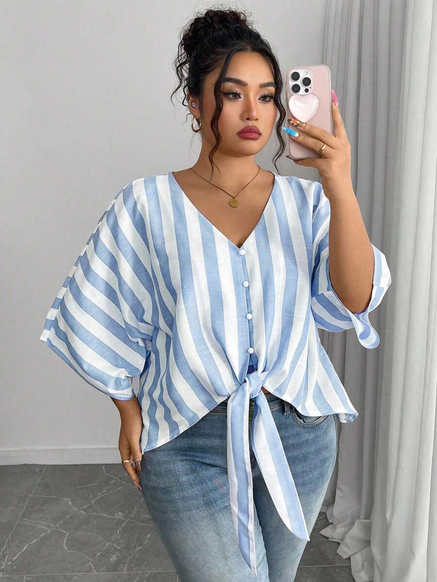 Elenzga Plus Size V-Neck Blue And White Striped Shirt,Loose Tie Front Top With Shoulder Straps,Summer Smart Casual Vacation Blouse - Multicolor - View 1