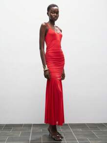 Lumivelle Women's Elegant Red Spaghetti Strap Long Dress With Ruched Bodice And Flowing Sheer Mermaid Hem, A Sophisticated Knitted Maxi For Evening Events. Summer Dress Clothes For University - Red - View 3