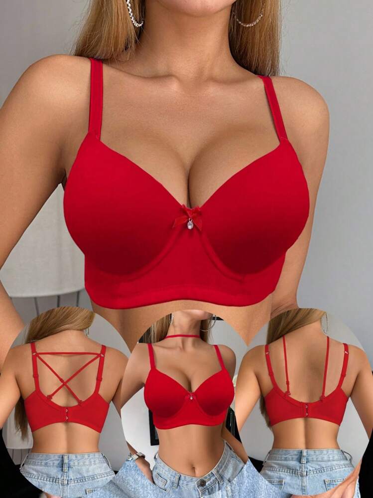 SHEIN 1 件装纯色简约可变换钢圈文胸，支撑性好且可调节，适合女士 - 紅色 - 查看 1