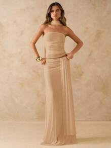SHEIN BAE Bộ 2 món Áo Bandeau nhún bèo màu hồng trơn & Chân váy dài voan nhún cạp thấp, Trang phục đi biển, Đầm hở lưng phong cách Boho mùa hè, Trang phục hòa nhạc cho nữ, Váy phù dâu cưới - Màu Khaki - Xem 5