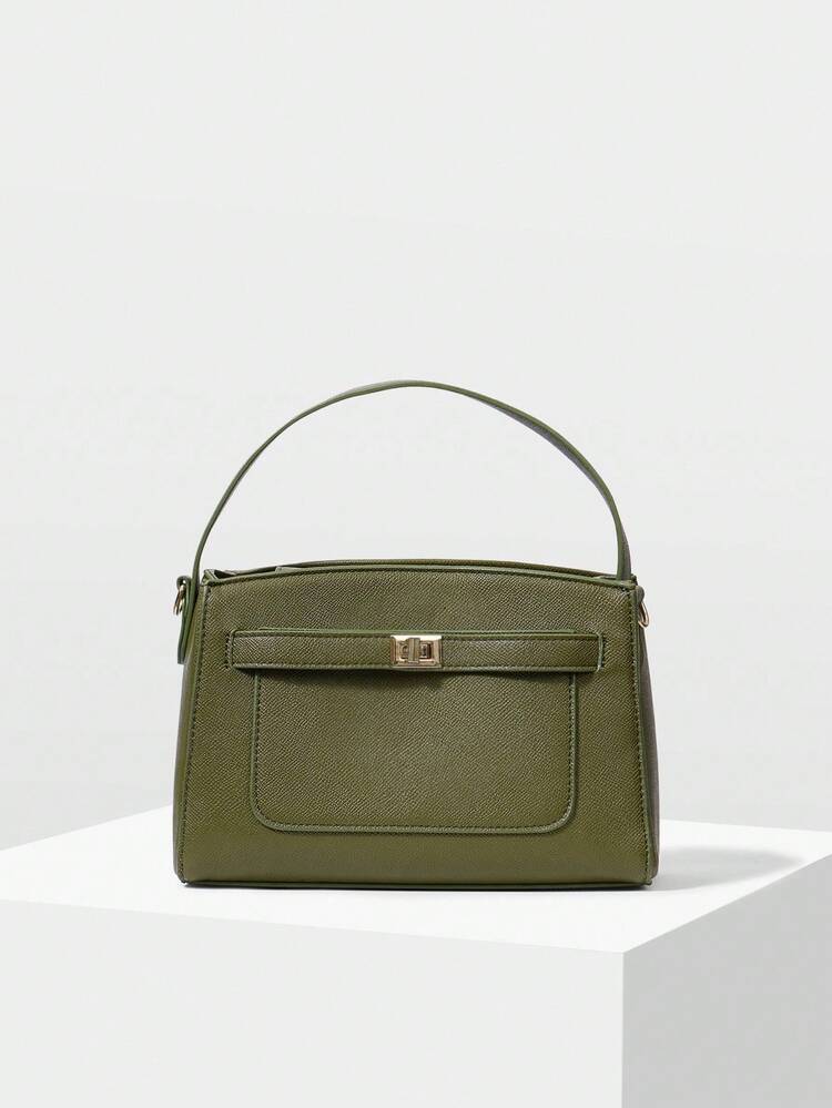 TURN-LOCK PU LEATHER TOP HANDLE BAG