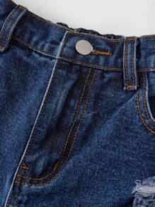 SHEIN Girlism 千禧少女春夏休闲纯灰色水洗低腰破洞毛边牛仔短裤，适合夏季海滩波西米亚风度假、夏季音乐会、音乐节、街头休闲派对、女生夏季早午餐毕业典礼等场合。 - 深色水洗藍 - 查看 4