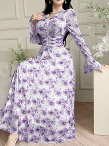 Feyla Robe femme élégante à imprimé floral all-over - Prune - Voir 4
