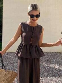 Livesso 女士夏季系带上衣和休闲长裤两件套 - 咖啡棕 - 查看 4