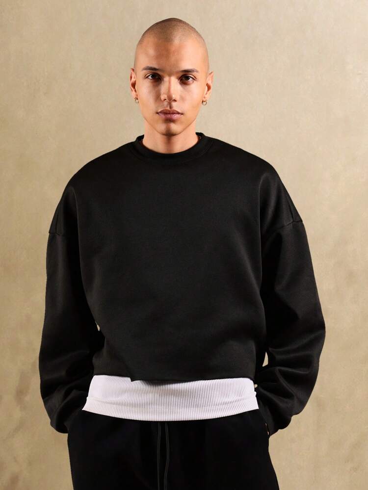 Cropped Raw Edge Sweatshirt With Ribbed Waistband