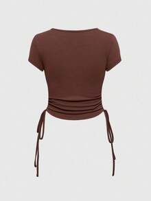 ROMWE Fairycore Elastic Fitted Cropped Drawstring Bow Tie Sunflower Embroidery Knit T-Shirt For Women - Coffee Brown - View 2