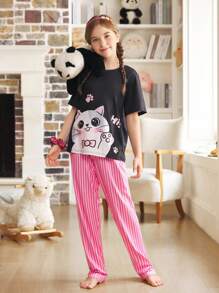 可爱少女猫咪印花短袖T恤和条纹裤睡衣套装 - 彩色 - 查看 4