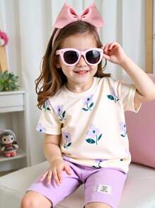 SHEIN Elladie kids 斋月 2 件女童花卉印花圆领短袖 T 恤和条纹修身裤套装，休闲甜美夏季服装 - 紫色 - 查看 1