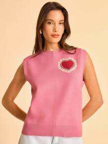 CAJUNI 女式休闲心形图案无袖针织背心，秋冬轻薄款