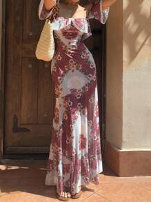 Sunnyshic Elegant Floral Print Off Shoulder Dress For Vacation - Multicolor - View 3