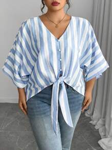 Elenzga Plus Size V-Neck Blue And White Striped Shirt,Loose Tie Front Top With Shoulder Straps,Summer Smart Casual Vacation Blouse - Multicolor - View 5