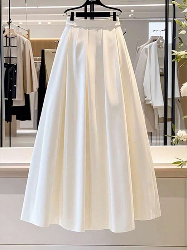 Franclia Casual Elastic Waist Pleated Solid Color A-Line Skirt For Women