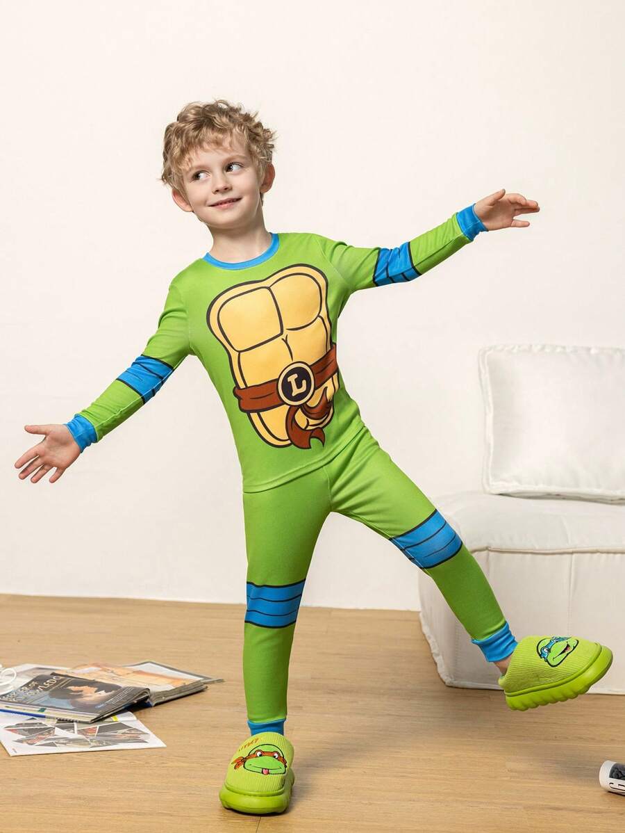 TEENAGE MUTANT NINJA TURTLES | SHEIN Young Boy Cartoon Turtle Shell Print Long Sleeve Top And Pants 2-Piece Pajama Set - Green - View 1