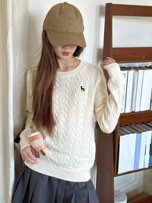 Hapijoa Suéter básico casual y suelto con cuello redondo y patrón bordado para adolescentes, otoño - Blanco - Ver 8