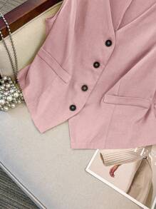 GlowEve CURVE Plus Size Summer Casual Plain Color Waistcoat & Shorts 2 Pieces Set - Pink - View 8