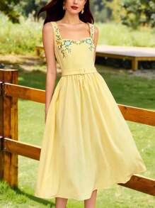 Vintamour 复古优雅女式刺绣碎花连衣裙，口袋腰带，休闲节日连衣裙，度假服装，女式婚礼宾客连衣裙，女式返校生日连衣裙，女式优雅生日连衣裙，女式度假服装，女式优雅连衣裙，返校服装，秋季女装，女式休闲连衣裙，度假连衣裙，秋季服装，女式教堂连衣裙，女式教堂服装，女式节日服装