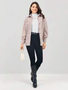 Miaspire 休闲纯色落肩口袋贴布大衣 - 杏色 - 查看 7