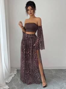 Rafferiza 2件套女士优雅露肩豹纹网眼上衣和裤子套装