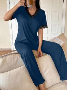 SHEIN Women's Lace Trim V-Neck Short Sleeve Casual Comfortable Pajama Set - Navy Blue - View 5