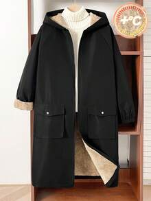 SHEIN 青少年男童休闲毛绒衬里连帽中长款厚梭织夹克，适合上学、花园、海滩、生日、春季、夏季、秋季、冬季 - 黑色 - 查看 8