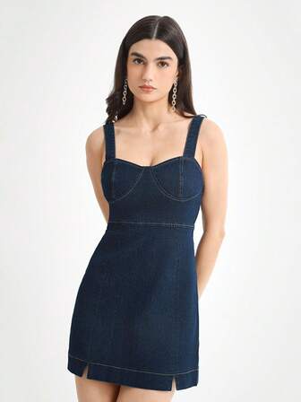 Daynim 女式休闲细肩带迷你牛仔连衣裙