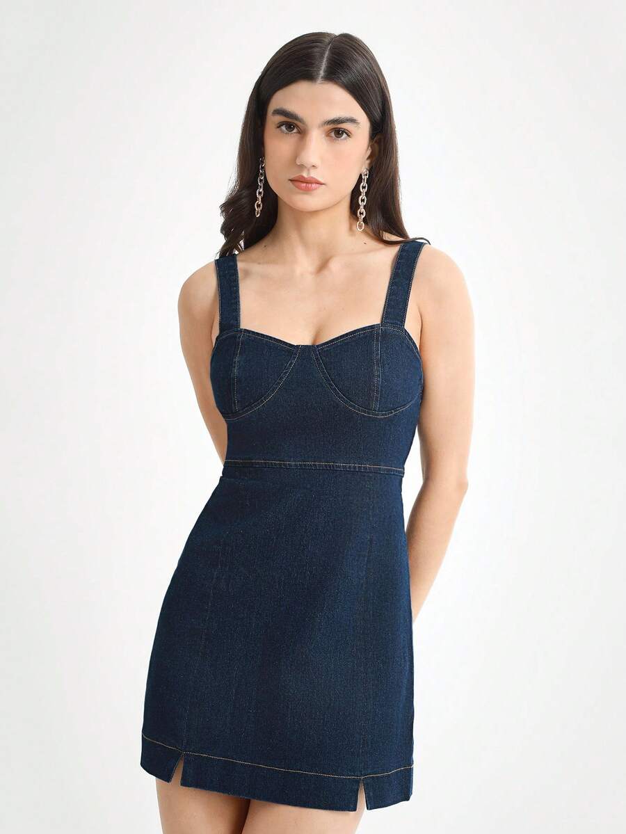 Daynim 女式休闲细肩带迷你牛仔连衣裙 - 深色水洗藍 - 查看 1