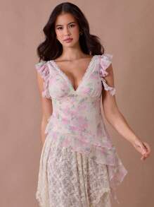 Enchnt Casual Lace Panel Ruffle Hem Sleeveless Blouse For Women - Multicolor - View 5