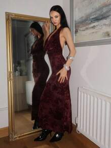 EgrlEra 女士花卉提花修身垂坠领连衣裙，性感 - 酒紅色 - 查看 3