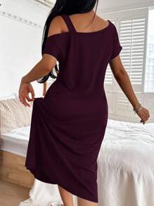 SHEIN Soft Touch Knitted Nightgown In Purple With Cut Out Detail And Casual Letter Print Style, Moo Moo Night Dress - Purple - View 2