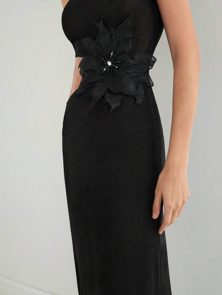 SHEIN Maija Women's Black Sleeveless Textured Shiny Fabric Hollow Out Waist Elegant Floral Decor Sexy Dress For Party, Holiday, Music Festival, Summer