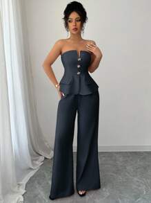 2 bộ trang phục dự tiệc mùa xuân và mùa hè thanh lịch nút hồng, áo ống peplum và quần ống rộng - Màu xanh hải quân - Xem 7