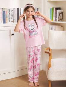 可爱兔子和心形印花睡衣，适合青春期女孩和青春期女孩，甜美柔软 - 彩色 - 查看 5