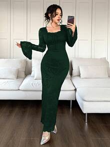 Feyla Đầm suông cổ vuông tay chuông phối ren buộc phía trước thanh lịch cho nữ - Màu xanh lá cây đậm - Xem 4