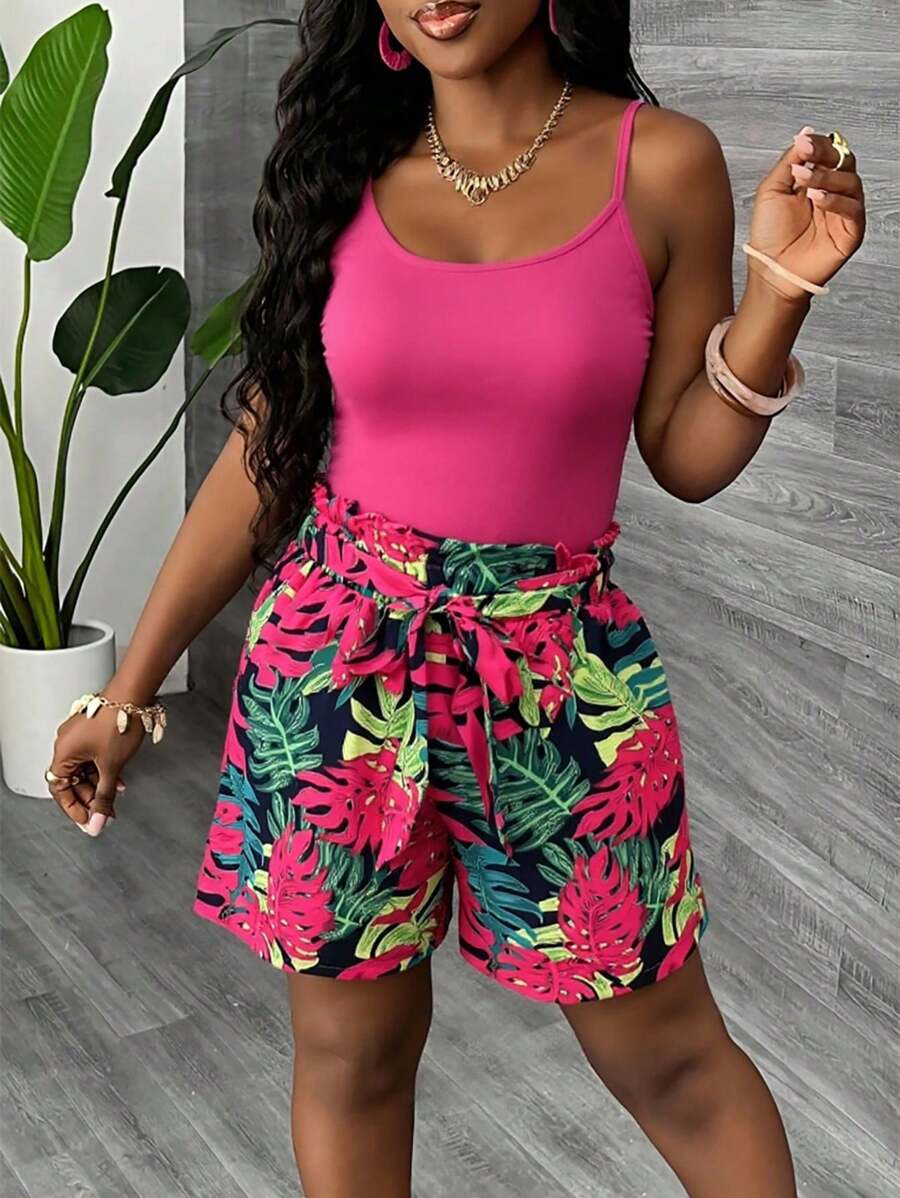 Damen Set bestehend aus rosenrotem einfachem Modecamisole Top und Shorts mit Blattmuster, 2-teilig - Heißes Pink - Übersicht 1