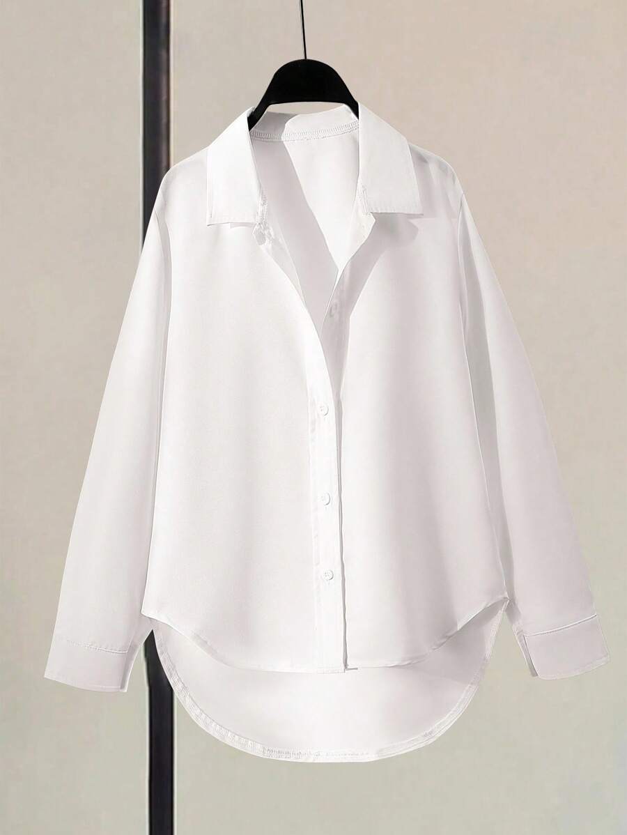 SHEIN 青少年女孩休閒純色寬鬆版型前開鈕扣中長版襯衫,夏季款 - 白色 - 查看 1