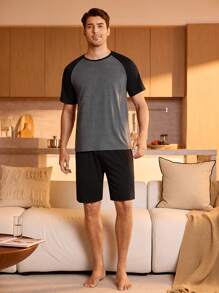 Men's Contrast Color Block Short Sleeve Shorts Pajamas Set - Multicolor - View 3