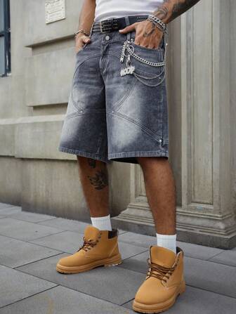 Street Life Pantaloncini in jeans ampi lavati con doppia cintura per uomo