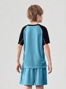 Back To School Outdoor Sports Short Sleeve & Shorts Set, Kids Colorblock Graphic Print Short Sleeve T-Shirt & Shorts Set - Blue - View 3