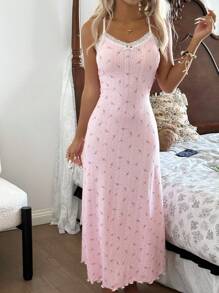 CottageSlumber Romantic-Flora Midi Length Pink Sleep Dress With Plant Pattern And Feminine Spaghetti Strap Design Pink Floral Dress Summer Dress - Pink - View 6
