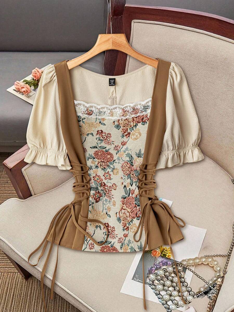 Feyla Áo cánh tay bồng buộc eo họa tiết hoa jacquard cỡ lớn cho nữ - Nhiều màu - Xem 1
