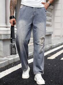 Manfinity Homme Distressed Vintage Washed Slim Fit Stretchy Punk Chic Jeans - Blue - View 1