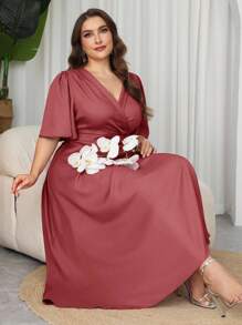Modelyn Plus Size V-Neck Ruffle Sleeve Cinched Waist A-Line Maxi Dress, Elegant Romantic Charm, Spring/Summer - Red Violet - View 7