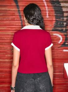 Astro Boy X ROMWE Camiseta slim fit de verano para mujer con gráficos de dibujos animados y ribetes en contraste - Rojo - Ver 8