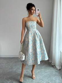 Elenzga Vestido de verano elegante de longitud media con estampado jacquard y escote bandera para mujer