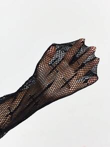 ROMWE Grunge Punk 1pc Gothic Cross Pattern Fishnet Leg Warmers + 1 Pair Solid Color Lace Ruffle Leg Warmers, Y2K Baddie Style Set, Suitable For Daily Street Wear - Black - View 3